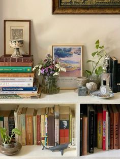 there are many books on the shelves with flowers in vases and other things around them