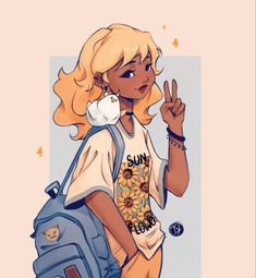 a woman with blonde hair wearing a sunflower t - shirt and holding a backpack