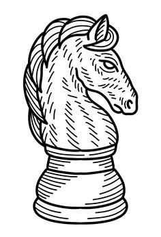 a black and white drawing of a horse's head on top of a chess board