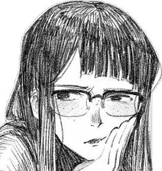 a pencil drawing of a girl with glasses looking at the camera and holding her hand to her face