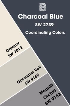 the color scheme for charcoal blue and white is shown in three different shades, including gray