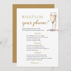 what's on your phone? card with gold foil lettering and champagne glass design