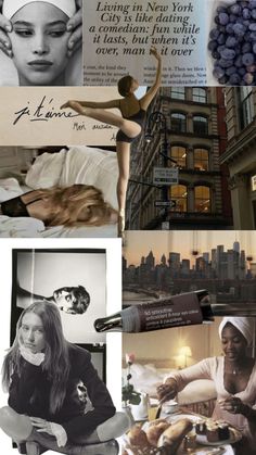 the collage shows pictures of people in different places, including buildings and an image of a woman