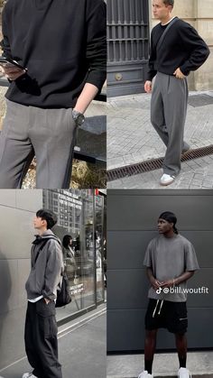 Grey Outfit Men Aesthetic, Black And Grey Men Outfit, Black And Grey Fits Men, Grey Monochromatic Outfit Men, Black And Grey Outfit Men, Smart Casual Aesthetic, Korean Street Fashion Men, Casual Menswear