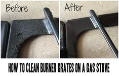 the before and after pictures of how to clean an old gas stove door with cleaner grates