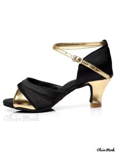 Olivia Mark - Elegant Gold Black Satin Ballroom Shoes for Women Formal Low Heel Synthetic Dance Shoes, Formal Synthetic Closed-toe Dance Shoes, Formal Synthetic Closed Toe Dance Shoes, Formal Synthetic Dance Shoes With Closed Toe, Black Open Toe Dance Shoes For Formal Occasions, Black Dance Shoes Medium Width Low Heel, Black Pointed Toe Dance Shoes With Heel Strap, Formal Synthetic Ankle Strap Dance Shoes, Black High Heel Dance Shoes With Heel Strap