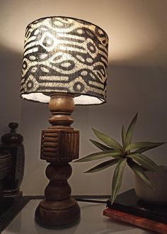 a lamp sitting on top of a table next to a plant