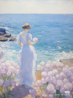 a painting of a woman looking out at the ocean with flowers in front of her