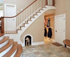 a dog is peeking out from under the stairs in this entry way to his home