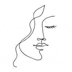 a line drawing of a woman's face with long hair and eyes closed to the side