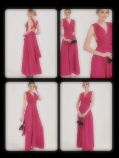 four pictures of a woman in a pink dress