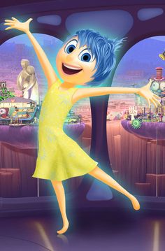 a cartoon character with blue hair dancing in front of a cityscape and clock tower