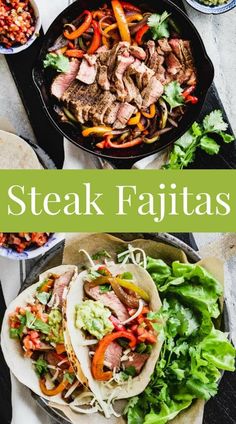 steak fajitas with lettuce, peppers and carrots on the side