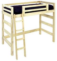 a wooden bunk bed with a blue cushion on it's bottom and ladder to the top