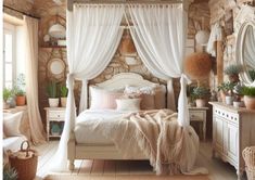 a bedroom with stone walls and white curtains on the windowsills, a bed covered in blankets and pillows