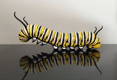 a yellow and black caterpillar sitting on top of a table