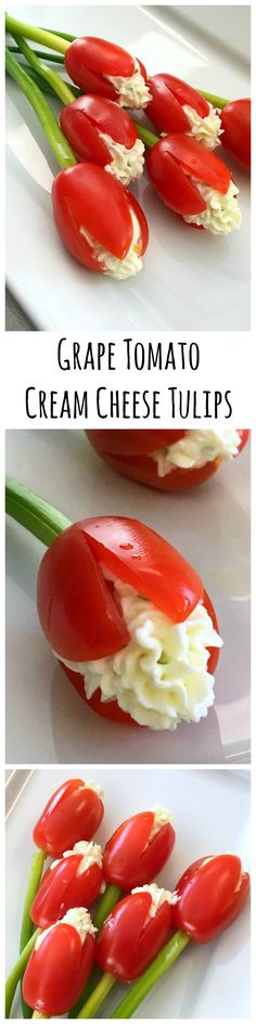 three different views of tomatoes and cream cheese tulips with text overlay that reads, grape tomato cream cheese tulips