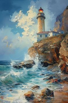 a painting of a lighthouse on top of a cliff