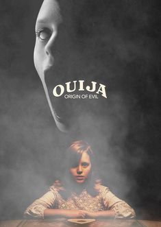 the poster for ouja origin of evil is shown above a woman's head