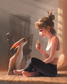 a painting of a girl eating food next to a rabbit and bird on the floor