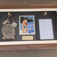 a dog's paw prints and other items are displayed in a shadow box