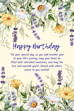 a birthday card with watercolor flowers and greenery in the center, on a white background