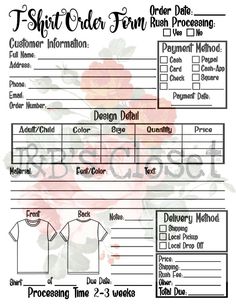 a t - shirt order form with flowers on it