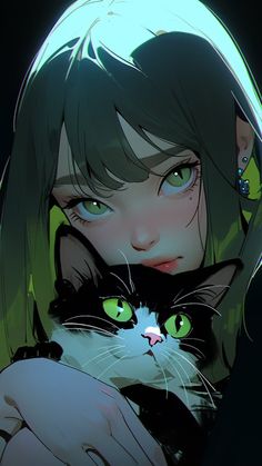 a girl with green eyes holding a black and white cat