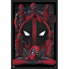 deadpool movie poster with the characters in red and black costumes, including one man