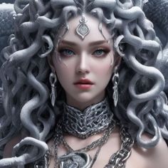 a woman with long hair and chains around her neck, wearing silver jewelry on her head