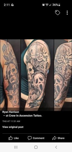 three different tattoos on the arms and arm, one with skulls in it's head