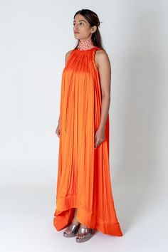 Orange gown in a pleated high-low trail base with attached braided neck. - Aza Fashions Sleeveless Pre-draped Summer Gown, Pleated Sleeveless Gown, Trail Gown, Orange Gown, Lace Bands, Band Collar, Aza Fashion, High & Low, High Low