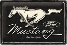 the mustang emblem is shown in black and white, with an image of a horse on it