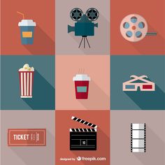 flat design movie icons with long shadows