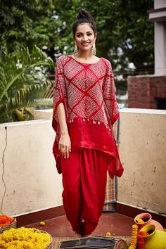 Shop for Pink City Red Silk Bandhani Kaftan With Dhoti Pant for Women Online at Aza Fashions Bandhani Kaftan, Ethereal Elegance, Floral Frocks, Short Kaftan, Kaftan Designs, Hot Pink Shorts, Designer Kurti Patterns, Kurti Patterns, Dhoti Pants