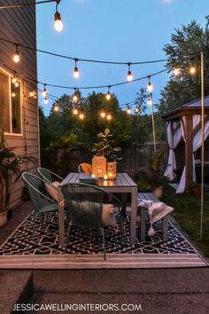 glowing string lights hung over a backyard patio Boho Patio, Outside Patio, Backyard Lighting, Have Inspiration, Outdoor Patio Lights, Patio Makeover