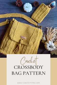 the crochet cross body bag pattern is shown on a table with other items