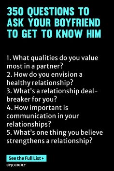 Explore a comprehensive list of 350 thought-provoking questions to ask your boyfriend and deepen your connection. Enhance your bond by getting to know him better through meaningful conversations. Strengthen your relationship with these insightful conversation starters! Relationship Questions, Essential Questions, Meaningful Conversations, Conversation Starters