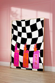 an abstract painting with pink and orange bottles on a black and white checkerboard background