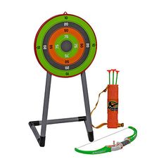 a toy archery set with an orange bow and green target on the ground next to it