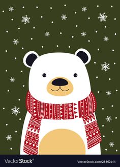 a polar bear wearing a scarf in the snow with snowflakes on the background