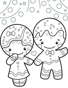 two gingerbreads holding hands in front of a christmas tree with stars and snowflakes