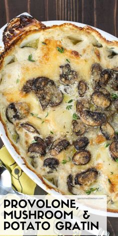 a dish with mushrooms and cheese on it