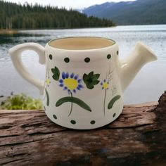 a ceramic tea pot sitting on top of a wooden log near a body of water