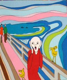 an image of a painting with people walking on the bridge and one person holding his head