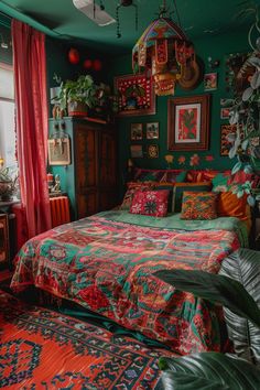 a bed room with a neatly made bed and lots of plants