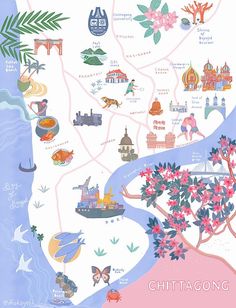 an illustrated map of the city of chittagong, with flowers and trees