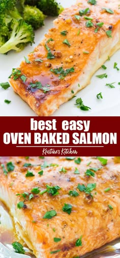 the best easy oven baked salmon recipe with broccoli and parsley on top