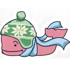 a pink and green turtle wearing a knitted hat with snowflakes on it's head