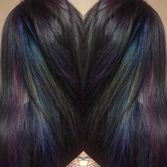 Oil slick hair @_kshair Oil Slick Hair Color Peekaboo, Oil Spill Hair, Black Hair Oil, Oil Slick Hair Color, Aesthetic Surgeon, Oil Slick Hair, Edgy Hairstyles, Slick Hair, Epic Hair